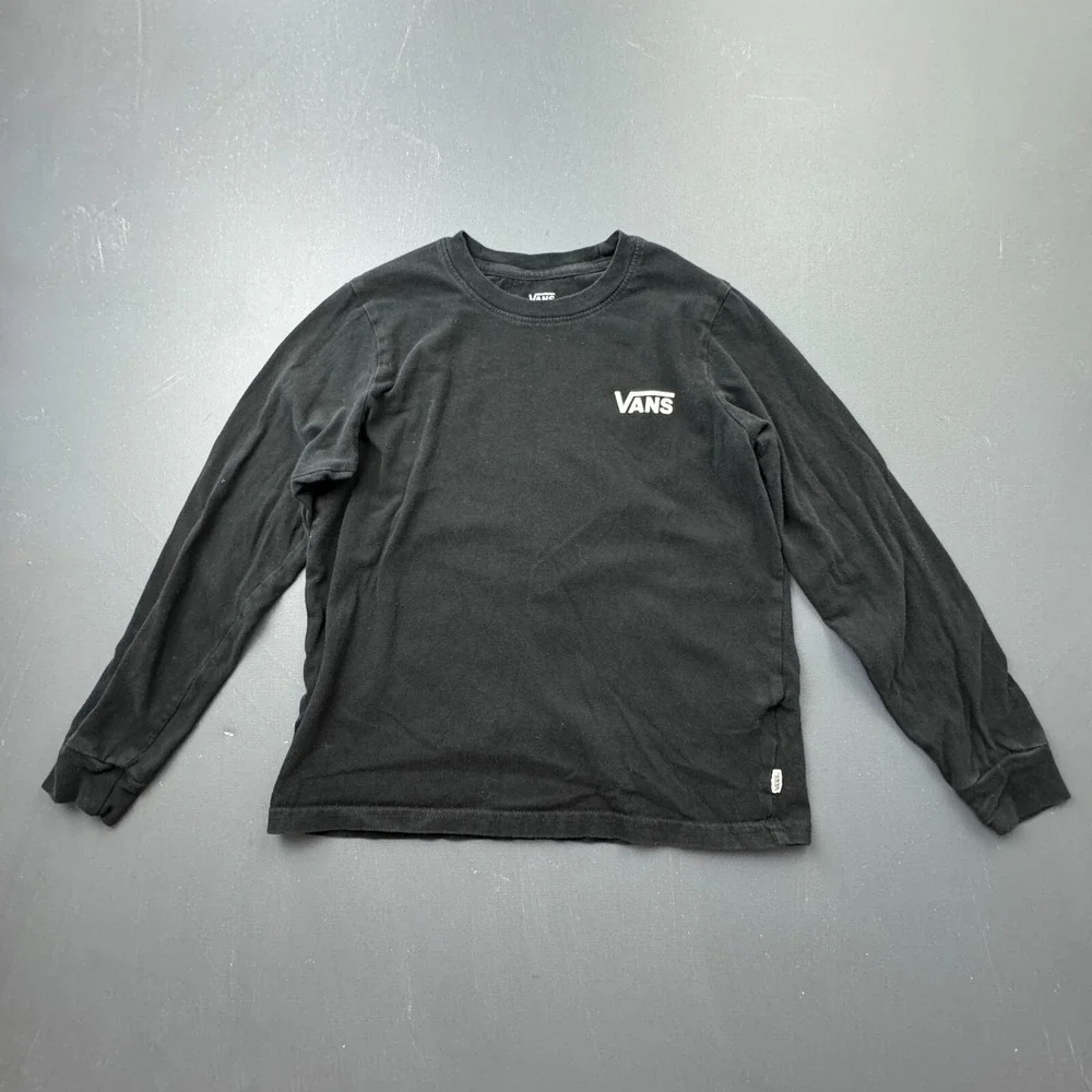 Vans T Shirt Boys Small 7-8 Black Long Sleeve Leopard Print Logo Skateboarding